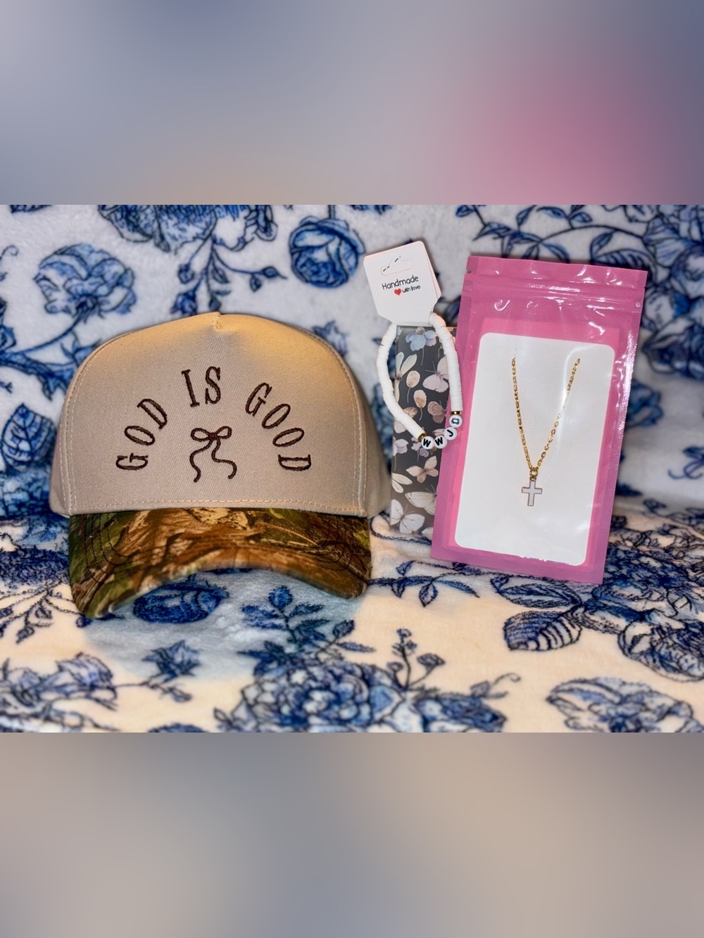 God Is Good Embroidered Cap with Camo Brim - Beige & Green + 2pc jewelry